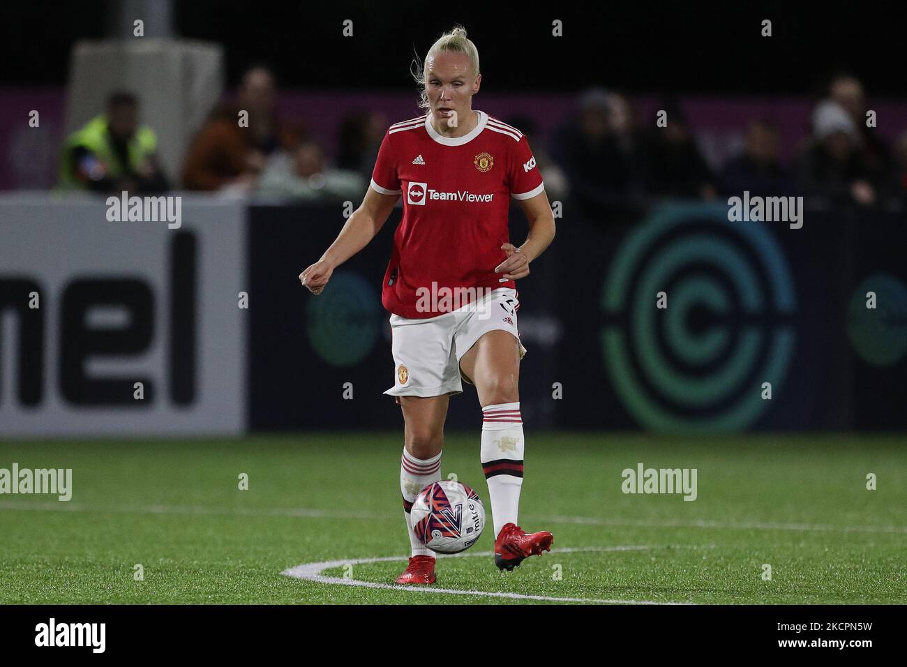 Manchester United Maria Thorisdottir durante la partita della fa Women's Continental League Cup tra Durham Women e Manchester United al castello di Maiden, a Durham City, giovedì 14th ottobre 2021. (Foto di Mark Fletcher/MI News/NurPhoto) Foto Stock