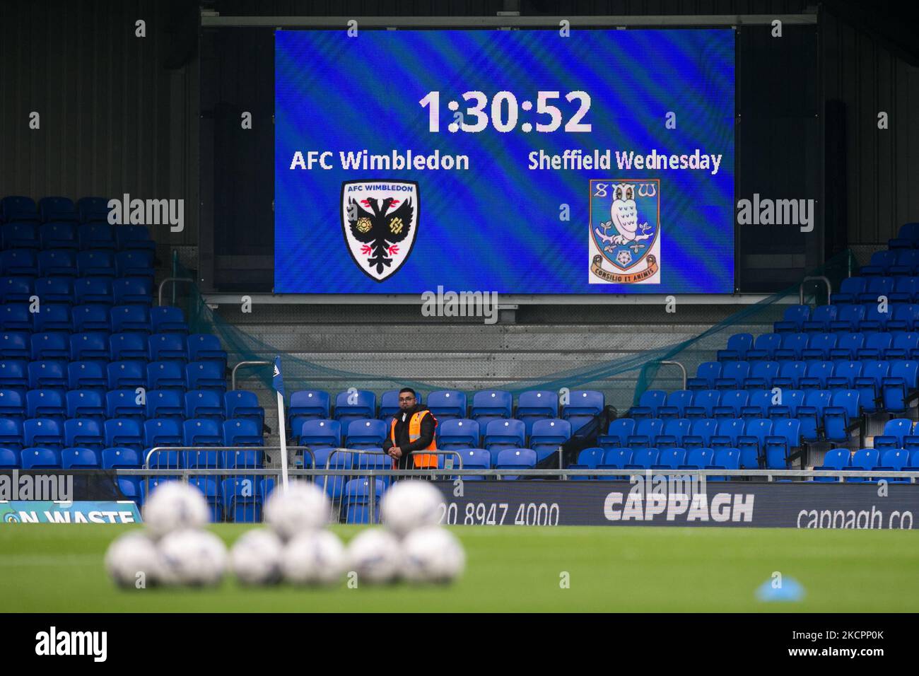 Pought Lane, nella foto, durante la partita della Sky Bet League 1 tra l'AFC Wimbledon e Sheffield, mercoledì al Pought Lane Stadium, Londra, sabato 16th ottobre 2021. (Foto di Federico Maranesi/MI News/NurPhoto) Foto Stock