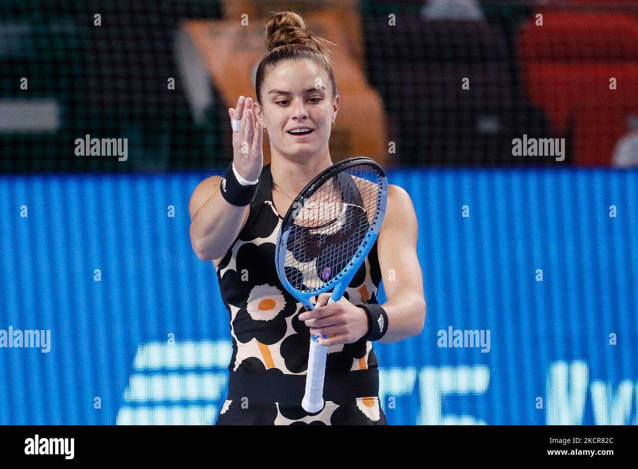 Maria Sakkari di Grecia reagisce durante la partita femminile di tennis in quarti di finale della WTA 500 VTB Kremlin Cup 2021 Torneo Internazionale di Tennis contro Simona Halep di Romania al Palazzo della Ginnastica Irina Viner-Usmanova il 22 ottobre 2021 a Mosca, Russia. (Foto di Mike Kireev/NurPhoto) Foto Stock