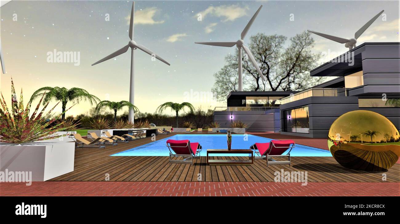La progettazione di un'area ricreativa intorno ad una piscina illuminata nel cortile di un futuristico alloggio suburbano con turbine eoliche come fonte di rinnovamento Foto Stock