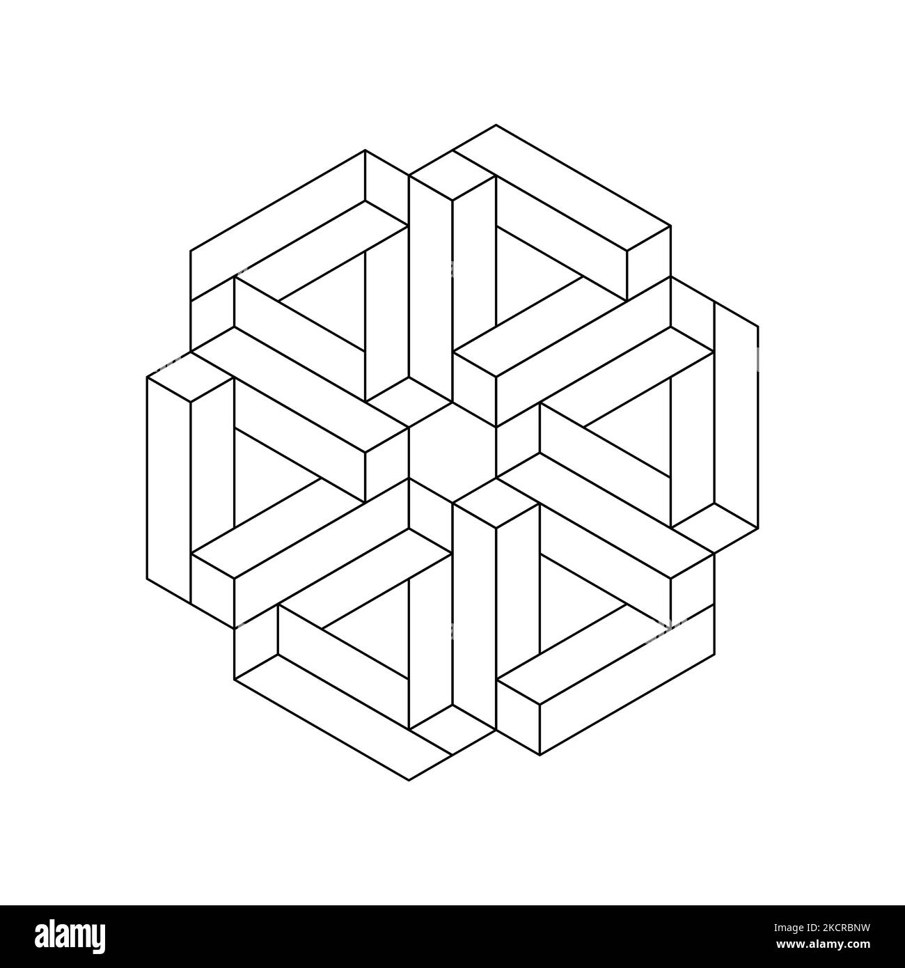 Forma impossibile fatta di triangoli di penrose. Oggetto geometrico Esher. 3D oggetto isometrico costituito da rettangoli. Vettore di architettura edile Illustrazione Vettoriale