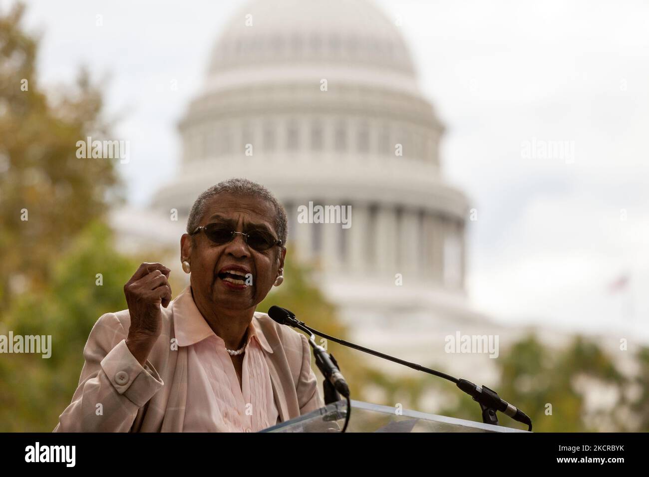 Eleanor Holmes Norton, delegato senza diritto di voto della DC al Congresso, parla durante un raduno alla fine di una staffetta per il diritto di voto al Campidoglio degli Stati Uniti. I manifestanti hanno iniziato la staffetta nella Virginia Occidentale e hanno camminato o percorso in biked per i 3 giorni al Campidoglio degli Stati Uniti. I manifestanti chiedono che il Congresso approvi una legislazione che protegga il diritto di voto di tutti gli americani. (Foto di Allison Bailey/NurPhoto) Foto Stock