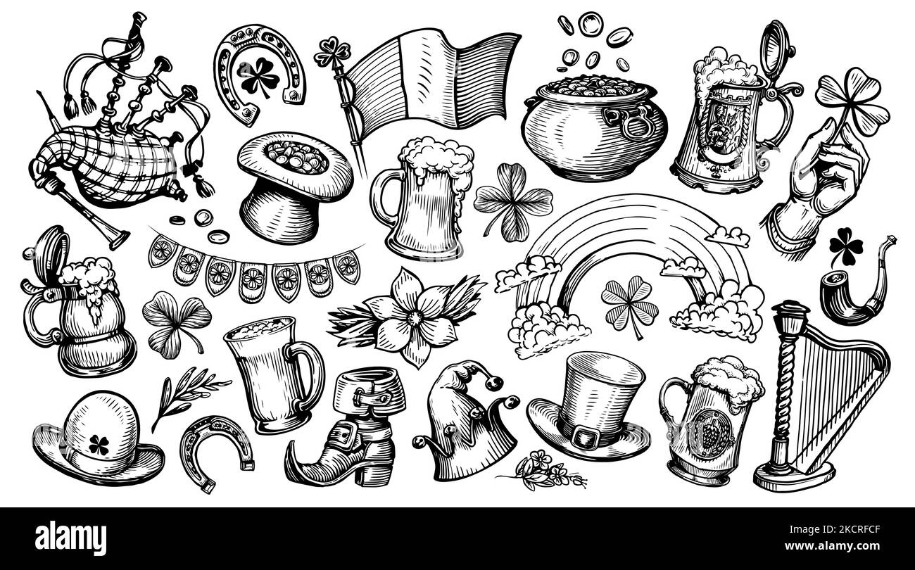 San Patricks Day concetto. Simbolo di festa irlandese insieme schizzo. Illustrazioni della collezione disegnate in stile d'incisione vintage Illustrazione Vettoriale