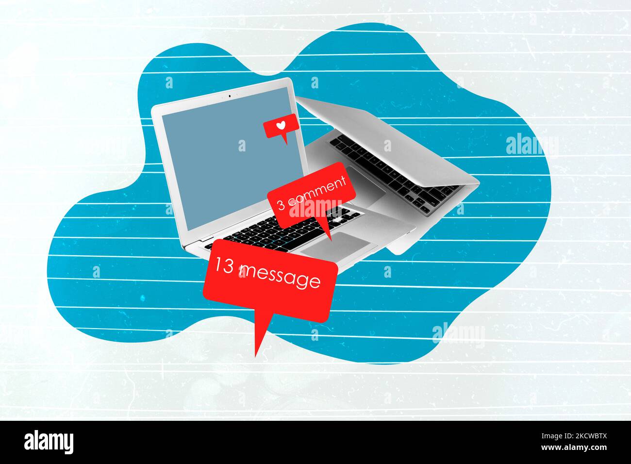 Collage fotografico creativo di moderni laptop messaggio in telegramma instagram facebook watsapp twitter isolato su sfondo di colore blu Foto Stock