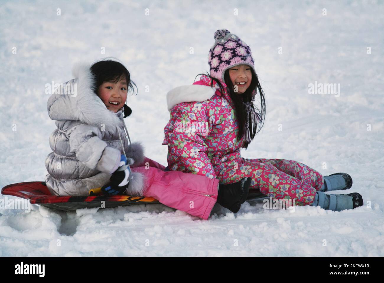 Due sorelle che si divertono un po' d'inverno su uno slittino di plastica a Markham, Ontario, Canada, il 01 febbraio 2009. (Foto di Creative Touch Imaging Ltd./NurPhoto) Foto Stock