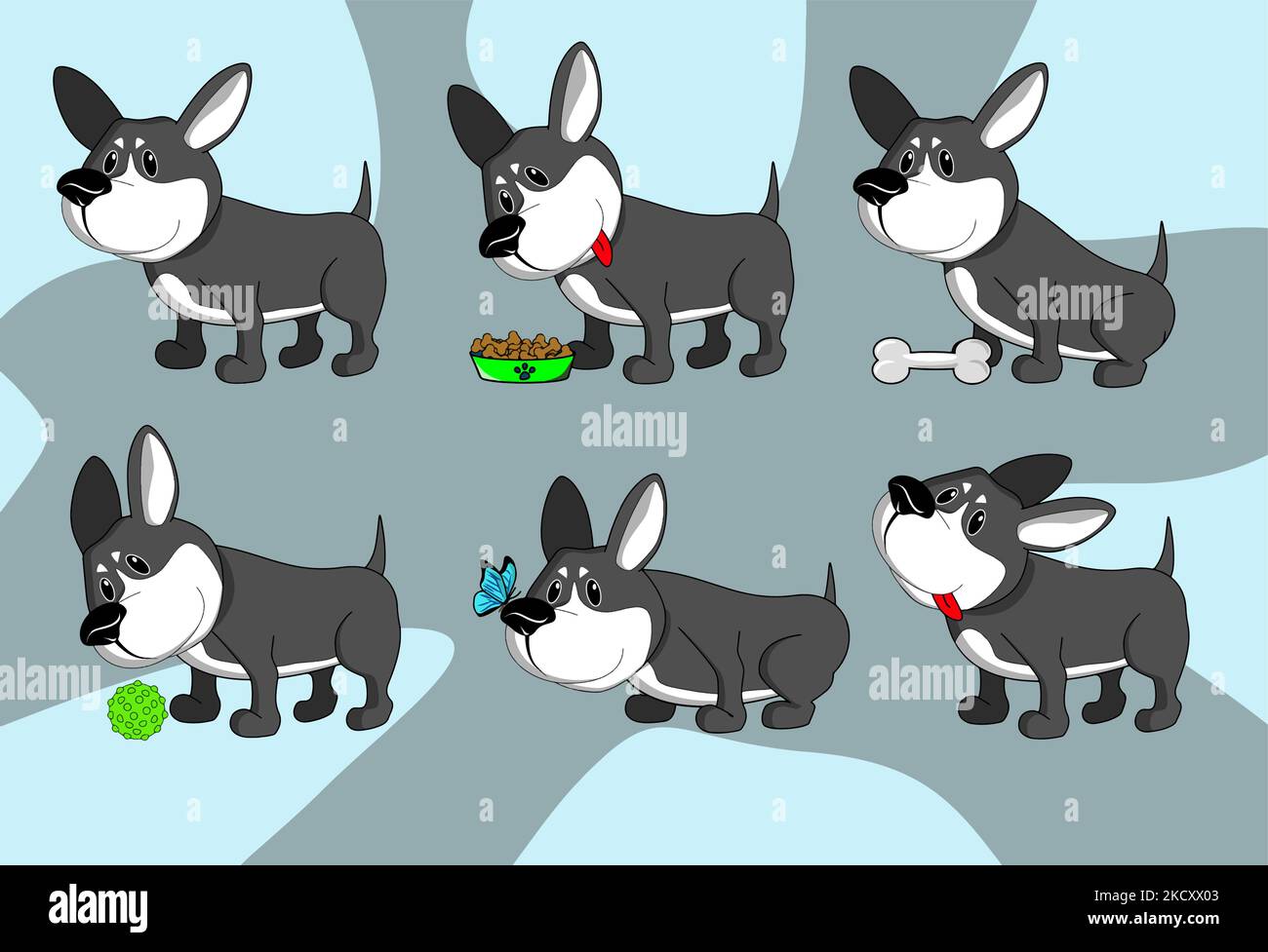 corgi allegri e scuri su sfondo colorato e illustrazione Illustrazione Vettoriale