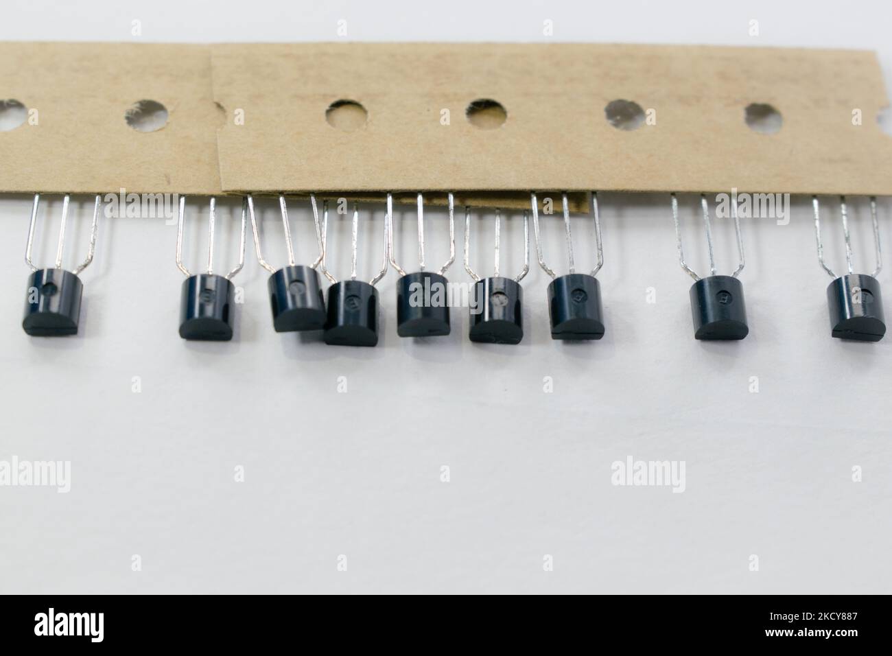 fila di transistor elettronici isolati su sfondo bianco con spazio di copia. Foto Stock
