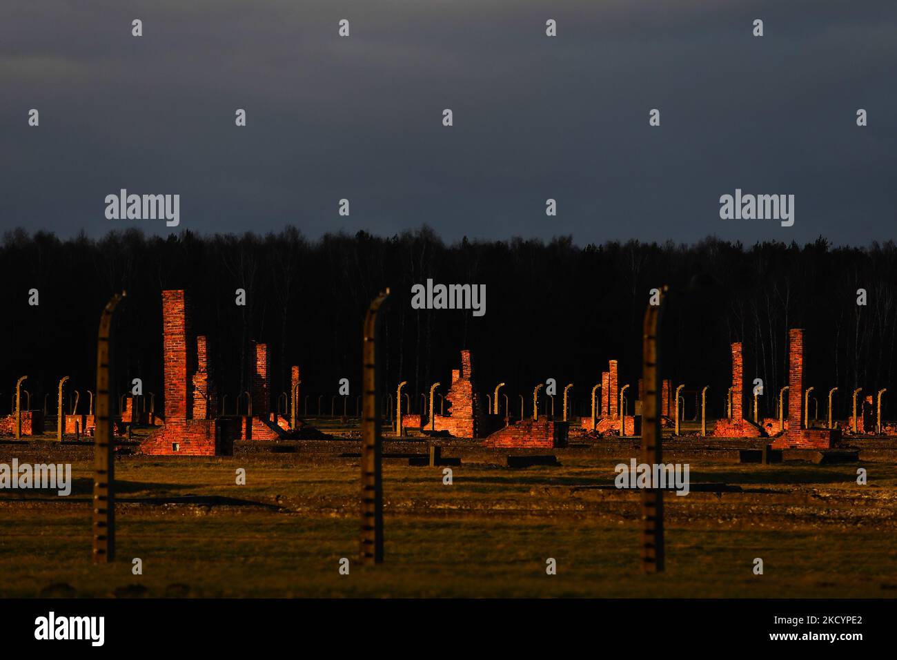 L'ex campo di concentramento tedesco nazista Auschwitz II-Birkenau a Brzezinka vicino Oswiecim, Polonia il 3 gennaio 2022. (Foto di Jakub Porzycki/NurPhoto) Foto Stock