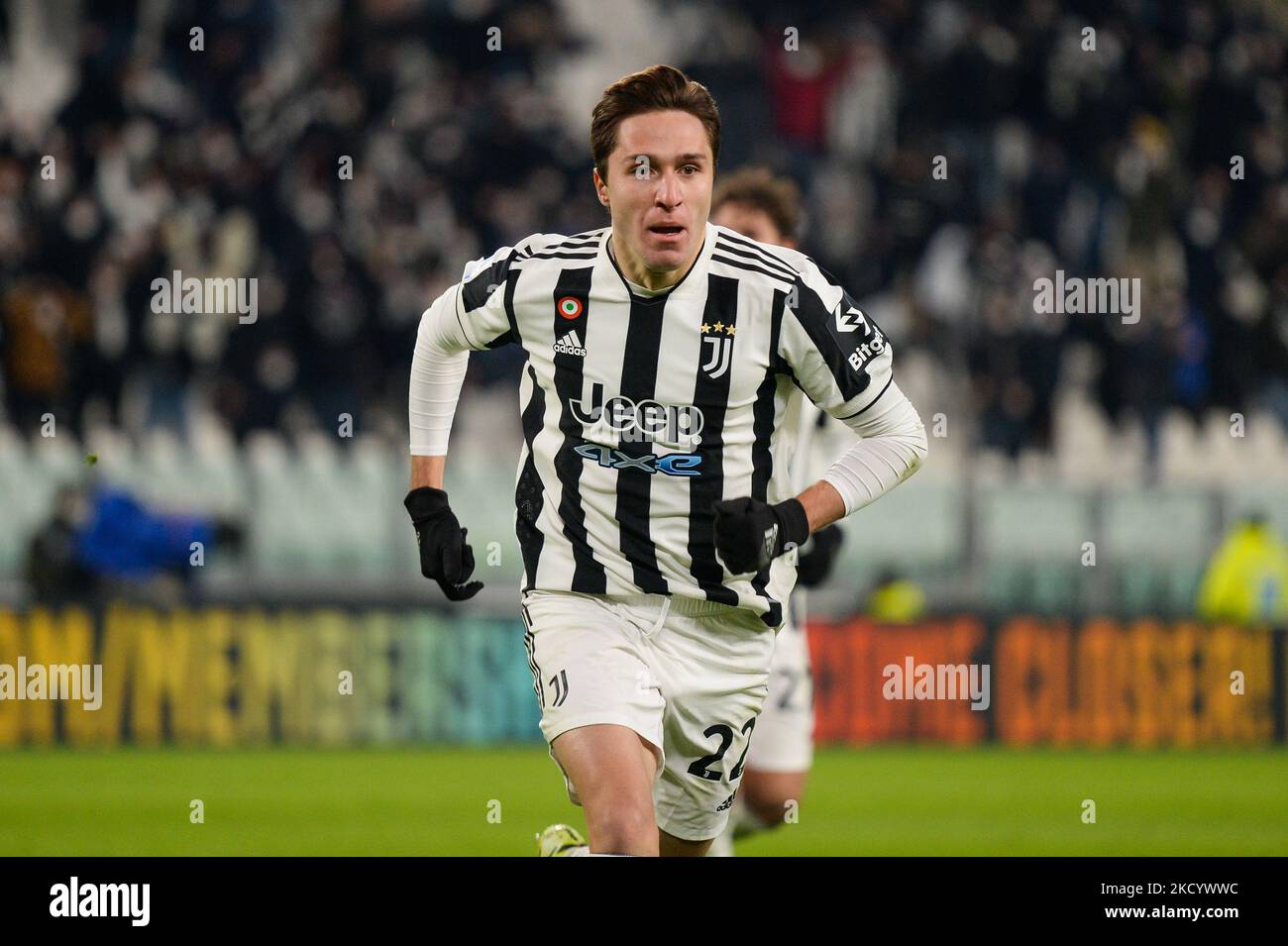 Federico Chiesa di Juventus FC celebra un gol durante la Serie A Football Match tra Juventus FC e SSC Napoli, allo Stadio Allianz, il 6 gennaio 2022 a Torino (Foto di Alberto Gandolfo/NurPhoto) Foto Stock