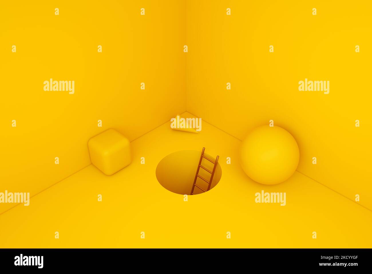 elementi geometrici nella stanza gialla, sfondo minimalista, rendering 3d Foto Stock
