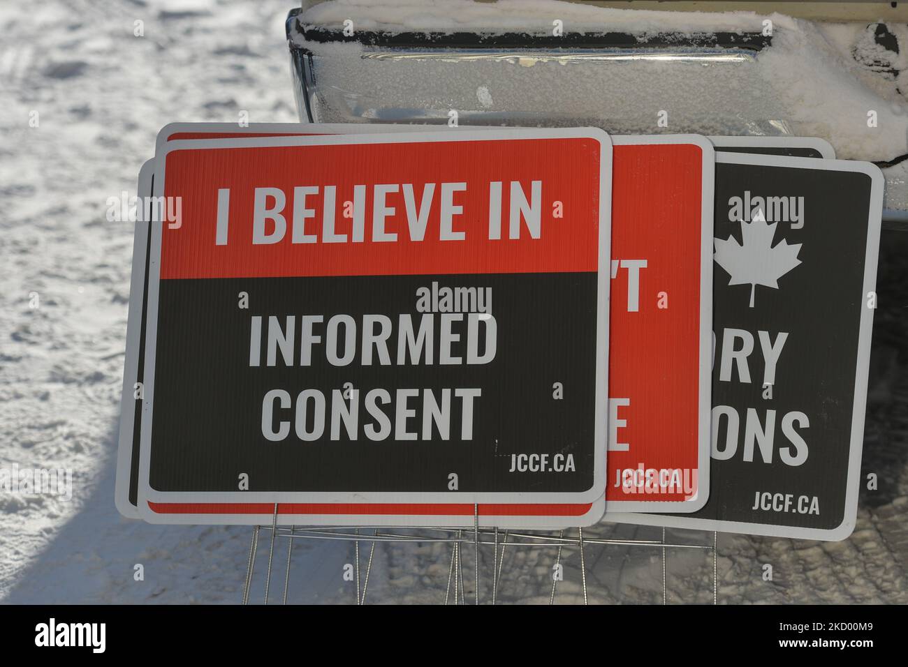 Un cartello con le parole "credo nel consenso informato!” collegato alla vettura. Gli attivisti anti-blocco e anti-vaccinazione si incontrano nel parcheggio accanto alla Legislatura di Alberta, davanti allo 'Stand United - i media sono il virus!' Protesta contro Global News, l'unità per le notizie e gli affari attuali della Canadian Global Television Network di Edmonton. Sabato 8 gennaio 2022, a Edmonton, Alberta, Canada. (Foto di Artur Widak/NurPhoto) Foto Stock