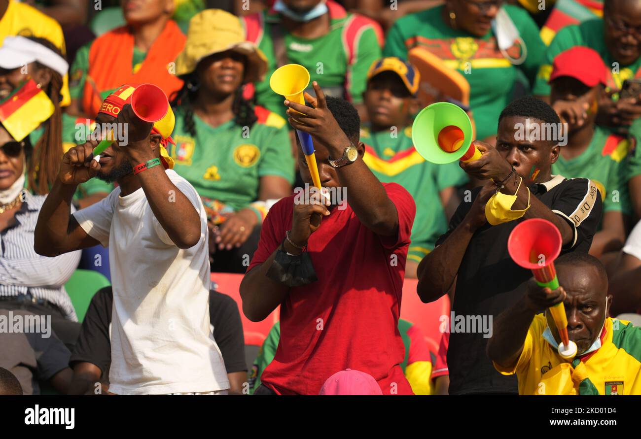 Tifosi durante il Camerun contro il Burkina Faso, Coppa delle Nazioni africane, allo Stadio Paul Biya il 9 gennaio 2022. (Foto di Ulrik Pedersen/NurPhoto) Foto Stock