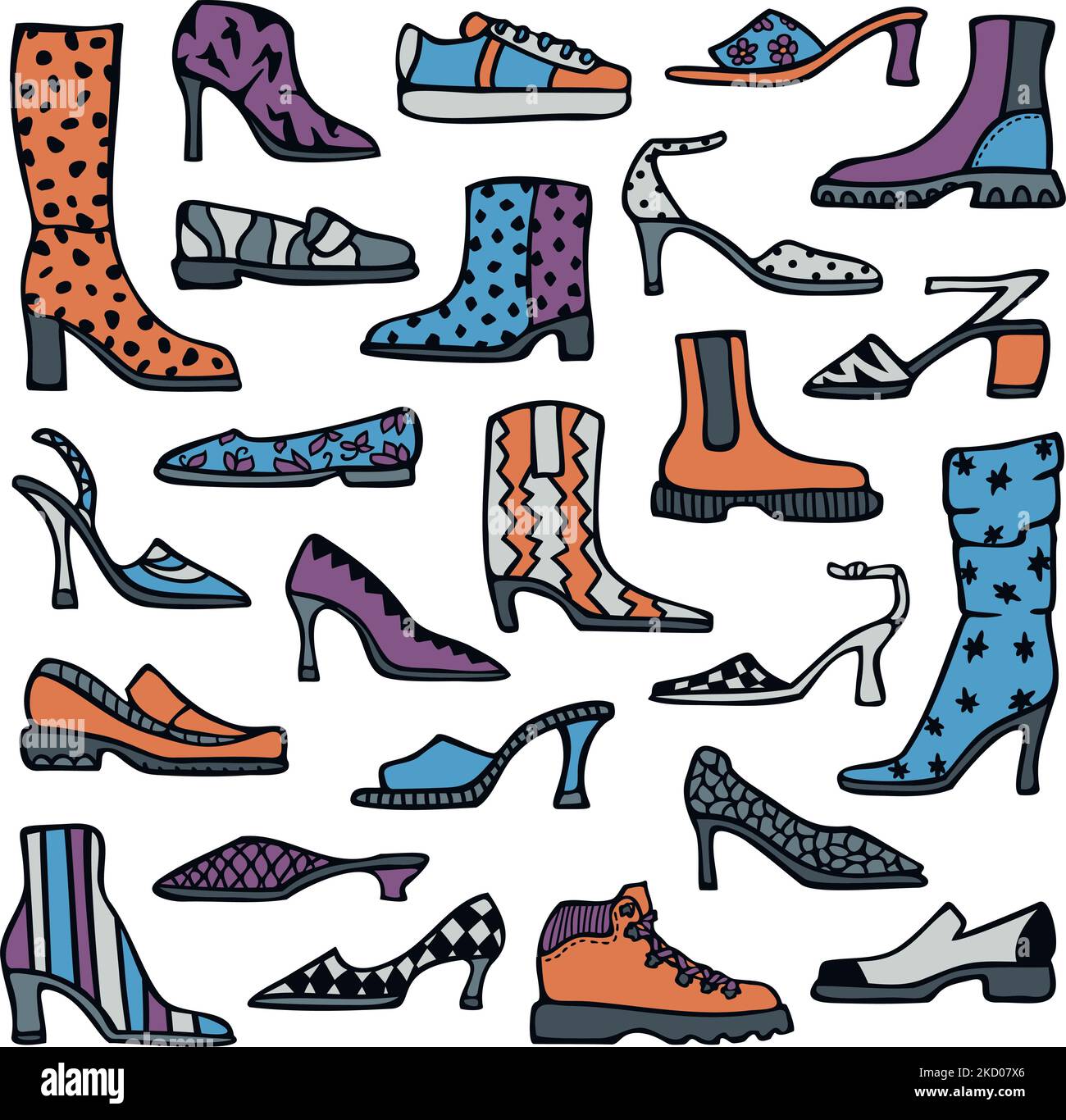 Illustrazione vettoriale con set di scarpe da donna. Scarpe da donna alla moda. Stile cartone animato. Illustrazione Vettoriale