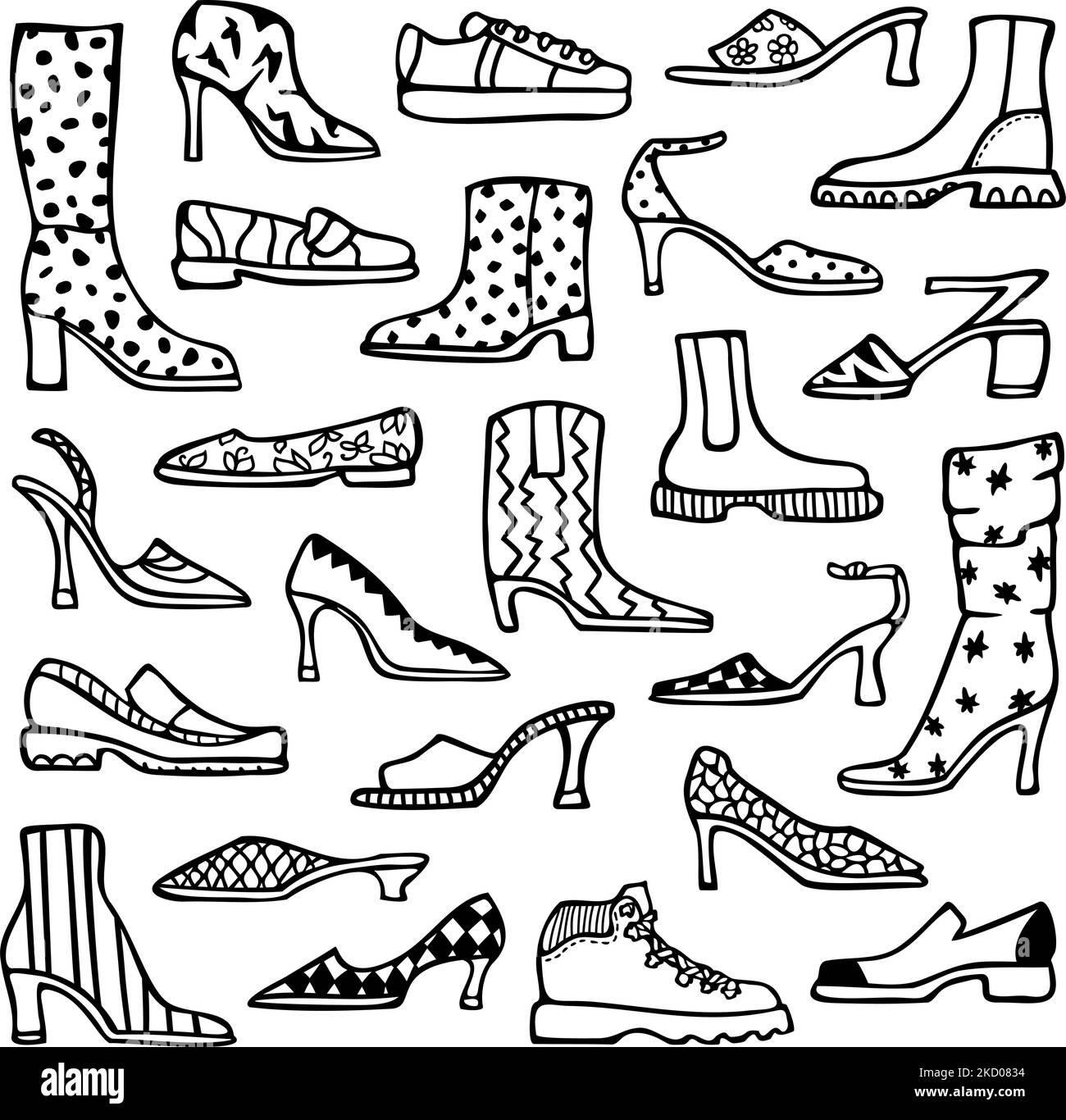 Illustrazione vettoriale con set di scarpe da donna. Calzature da donna con elementi decorativi. Disegno per libro da colorare. Illustrazione Vettoriale