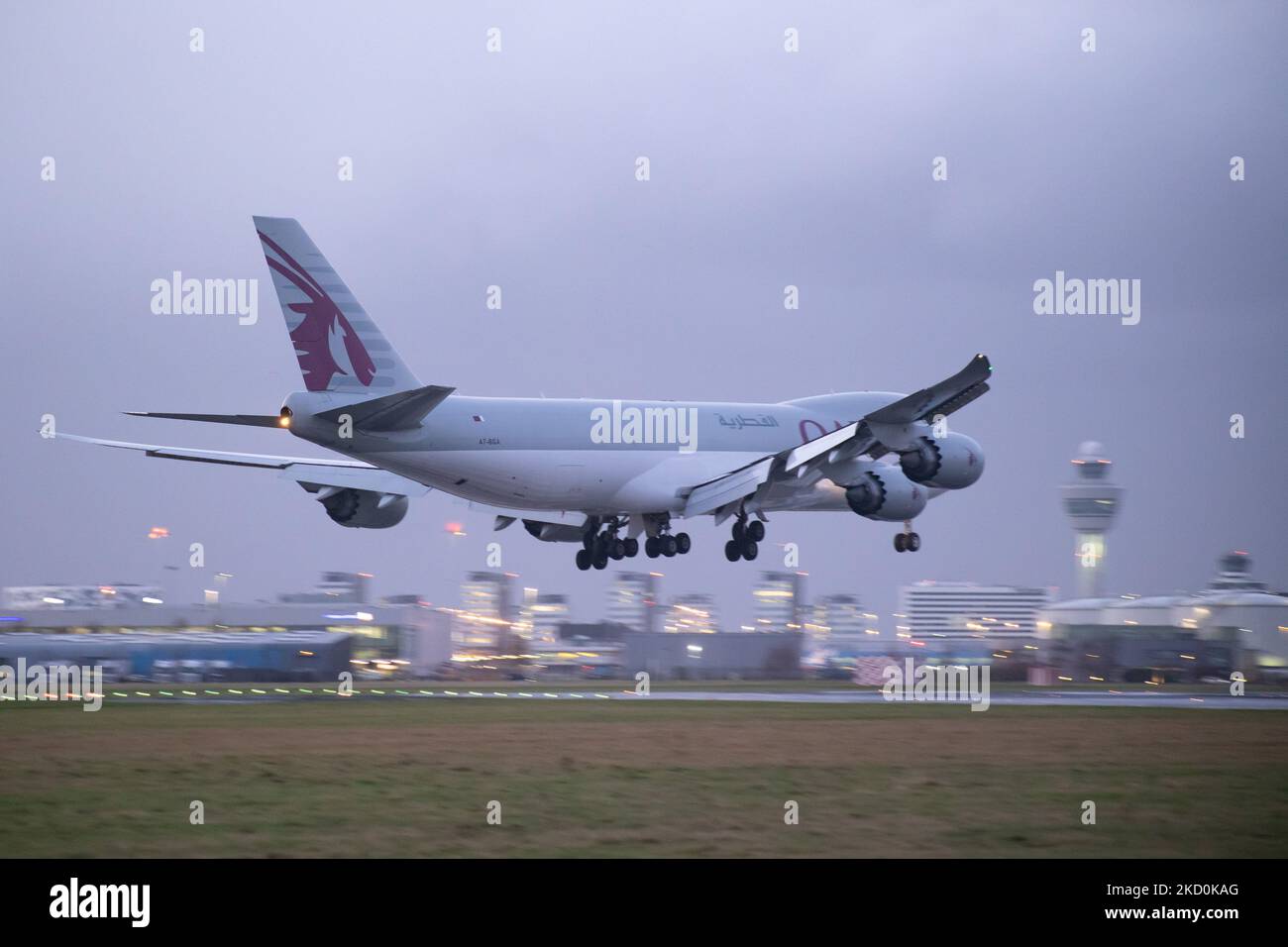 Qatar Airways Cargo Boeing 747-8F variante di trasporto visto atterrare all'aeroporto Schiphol di Amsterdam AMS EHAM in serata. Il quad jet Boeing 747 jumbo jet, un velivolo largo, con la registrazione A7-BGA. Qatar Airways Cargo, il ramo merci della compagnia aerea, è il terzo vettore internazionale di merci al mondo. LA compagnia AEREA QTR è la compagnia di bandiera del Qatar, di proprietà dello Stato, con sede a Doha. I voli cargo hanno aumentato la domanda e volano di più mentre il traffico dell'industria dell'aviazione dei passeggeri sta gradualmente affondando un periodo difficile con la pandemia di coronavirus di Covid-19 che ha un impatto negativo sulla t Foto Stock