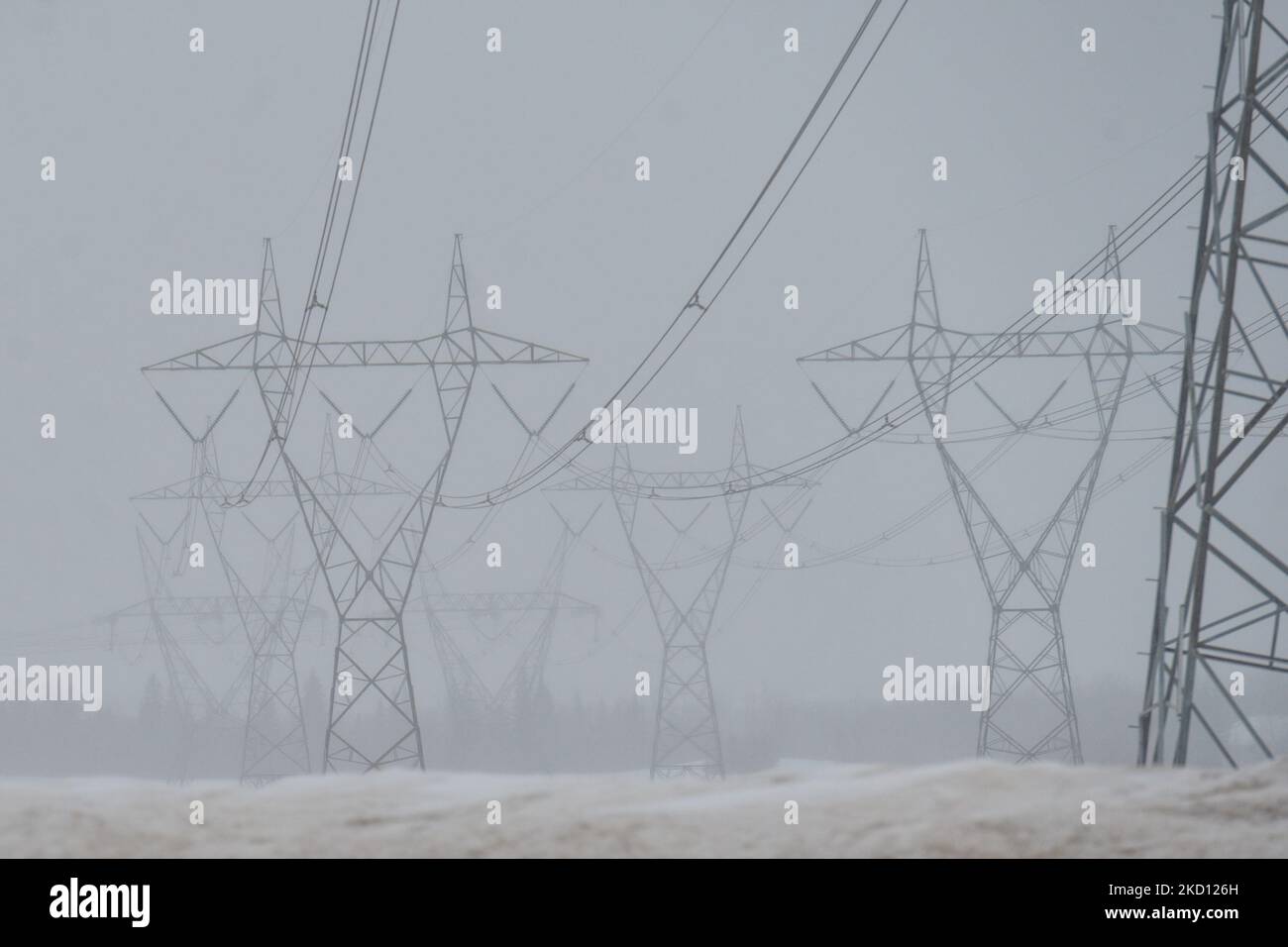 Rete di poli elettrici con fili visti a South Edmonton. Venerdì 21 gennaio 2021, a Edmonton, Alberta, Canada. (Foto di Artur Widak/NurPhoto) Foto Stock