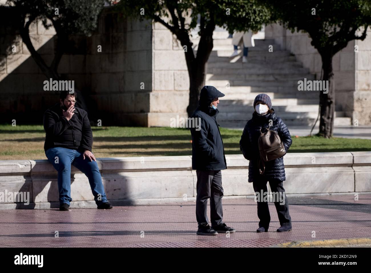 Si parla nel centro di Atene, in Grecia, il 23 gennaio 2022. (Foto di Nikolas Kokovlis/NurPhoto) Foto Stock