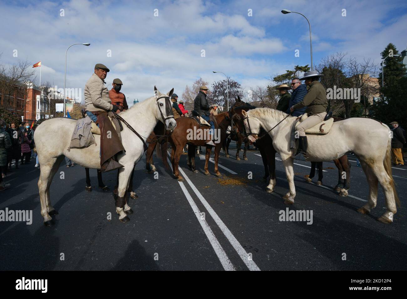 Persone durante la mobilitazione in difesa della campagna e del mondo rurale e della futura legge sulla protezione degli animali, nella Plaza San Juan de la Cruz, il 23 gennaio 2022 a Madrid, Spagna. L'associazione Alma Rural ha chiamato la protesta sotto il nome di "Grande dimostrazione del mondo rurale" in risposta alla situazione subita dal settore primario e per aumentare la consapevolezza nella società circa la crisi e gli attacchi da diversi fronti che sostiene il campo e. le persone che lavorano nel settore. Inoltre, alla protesta hanno partecipato i settori e i gruppi interessati dal Foto Stock