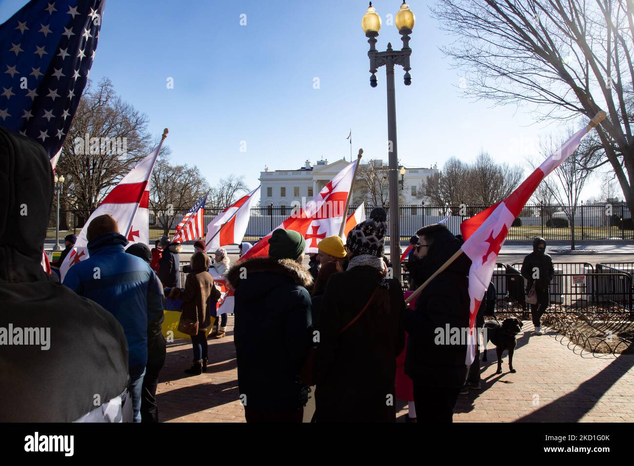 I manifestanti si riuniscono di fronte alla Casa Bianca il 29 gennaio 2022 per protestare contro l'aggressione militare russa nei confronti dell'Ucraina e per chiedere all'amministrazione Biden sanzioni più severe e aiuti militari all'Ucraina (Foto di Bryan Olin Dozier/NurPhoto) Foto Stock