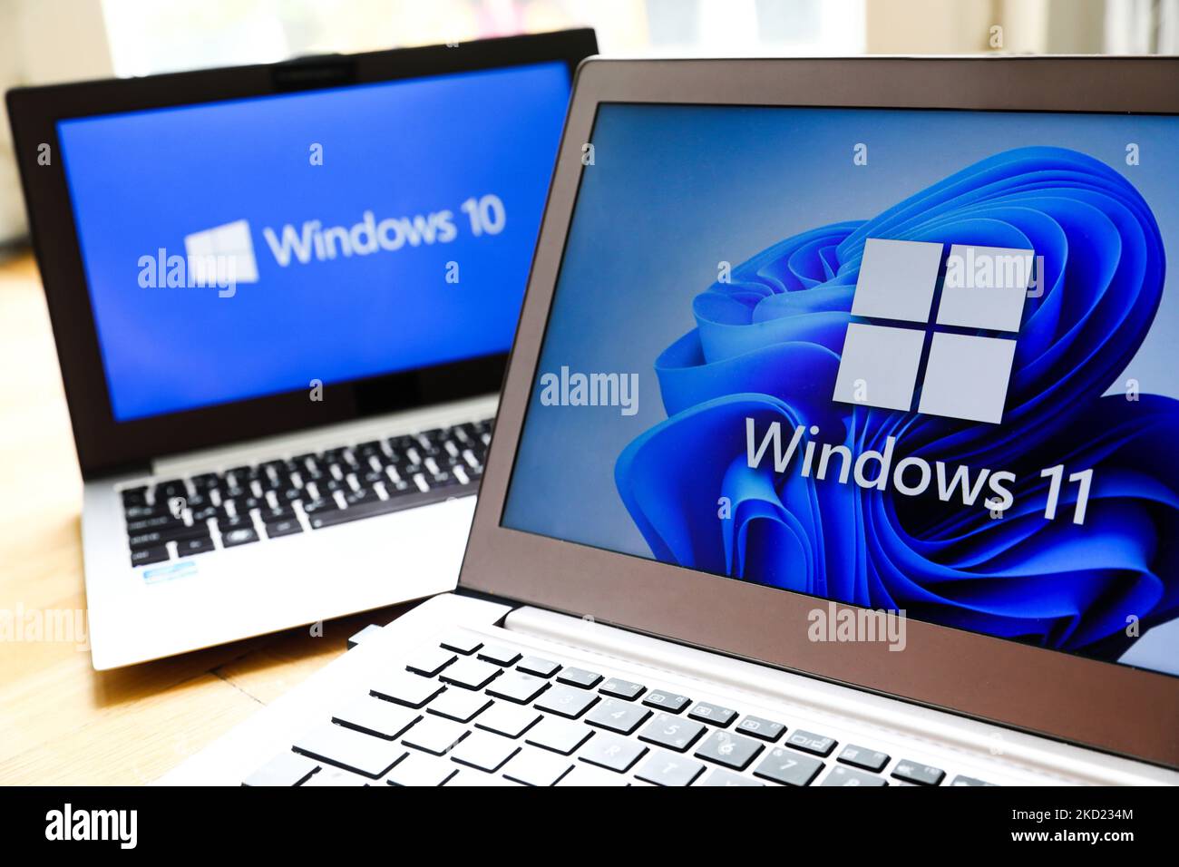 I logo dei sistemi operativi Windows 11 e Windows 10 vengono visualizzati sugli schermi dei notebook per la foto illustrativa. Cracovia, Polonia il 3 febbraio 2022. (Foto di Beata Zawrzel/NurPhoto) Foto Stock