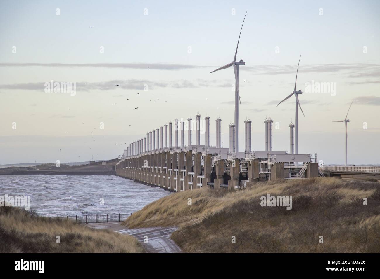Storm Eunice ha colpito i Paesi Bassi dopo la tempesta Dudley con una velocità di raffica di vento superiore a 120km km/h, causando danni a edifici, automobili e uccidendo persone a causa della caduta di alberi. Il governo ha emesso un avvertimento rosso e 112 notifiche di emergenza allarme sui telefoni prima che la tempesta ha colpito la costa olandese. La barriera di Oosterscheldekering - Eastern Scheldt Storm Surge tra le isole Schouwen-Duiveland e Noord-Beveland, è la più grande delle opere del Delta, una serie di dighe e barriere di tempesta, progettate per proteggere i Paesi Bassi dalle inondazioni dal Mare del Nord. L'area ha anche molte turbine eoliche, Foto Stock