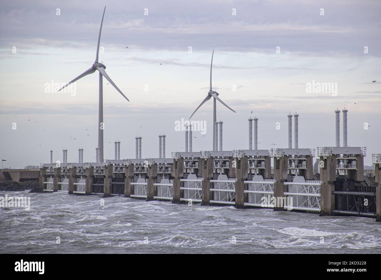 Storm Eunice ha colpito i Paesi Bassi dopo la tempesta Dudley con una velocità di raffica di vento superiore a 120km km/h, causando danni a edifici, automobili e uccidendo persone a causa della caduta di alberi. Il governo ha emesso un avvertimento rosso e 112 notifiche di emergenza allarme sui telefoni prima che la tempesta ha colpito la costa olandese. La barriera di Oosterscheldekering - Eastern Scheldt Storm Surge tra le isole Schouwen-Duiveland e Noord-Beveland, è la più grande delle opere del Delta, una serie di dighe e barriere di tempesta, progettate per proteggere i Paesi Bassi dalle inondazioni dal Mare del Nord. L'area ha anche molte turbine eoliche, Foto Stock