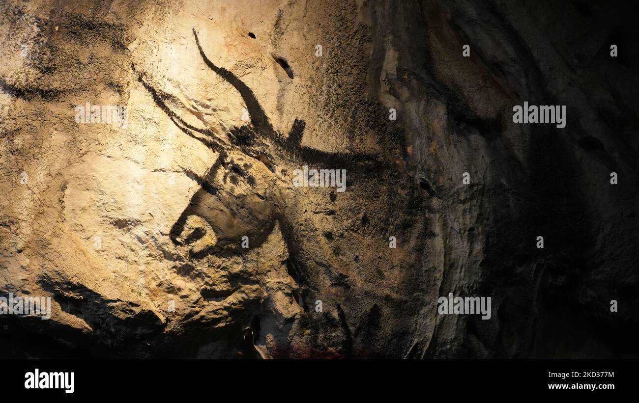 Un primo piano di un dipinto su un muro nella grotta, un animale cornuto. Foto Stock