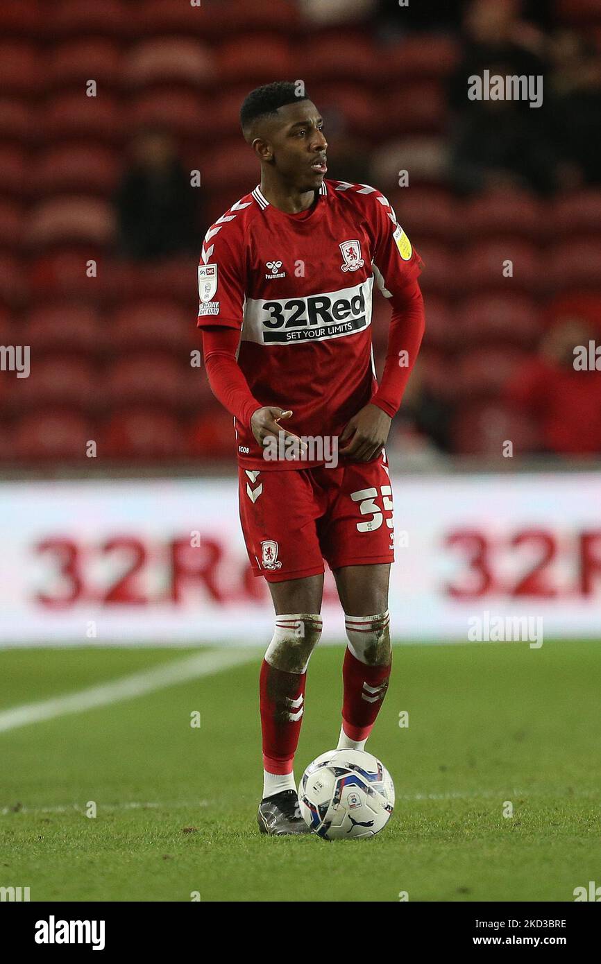 Isaiah Jones di Middlesbrough durante la partita del campionato Sky Bet tra Middlesbrough e West Bromwich Albion al Riverside Stadium, Middlesbrough martedì 22nd febbraio 2022. (Foto di Mark Fletcher/MI News/NurPhoto) Foto Stock