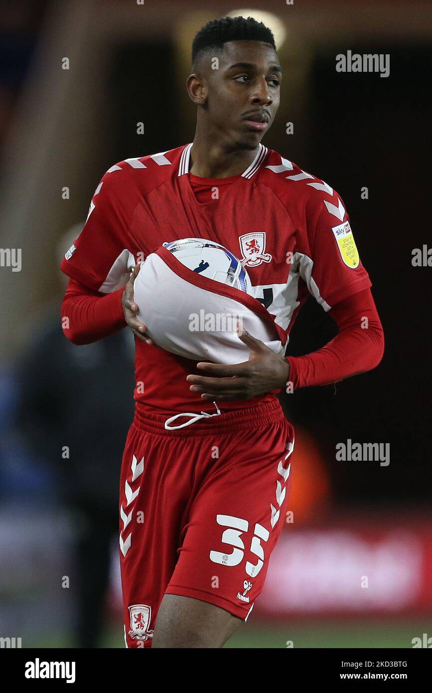 Isaiah Jones di Middlesbrough durante la partita del campionato Sky Bet tra Middlesbrough e West Bromwich Albion al Riverside Stadium, Middlesbrough martedì 22nd febbraio 2022. (Foto di Mark Fletcher/MI News/NurPhoto) Foto Stock