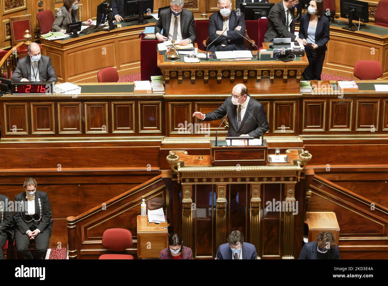 Il primo ministro francese Jean Castex ha tenuto un discorso durante il dibattito al Senato francese sull'impegno della Francia nei confronti del Sahel - 23 febbraio 2022, Parigi (Foto di Daniel Pier/NurPhoto) Foto Stock