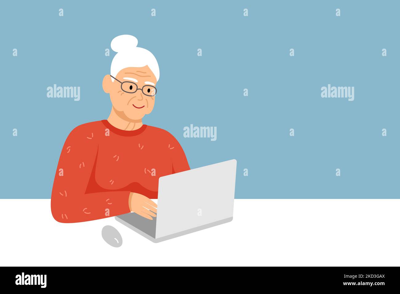 Donna anziana dai capelli bianchi, nonna con notebook e spazio per il testo Illustrazione Vettoriale