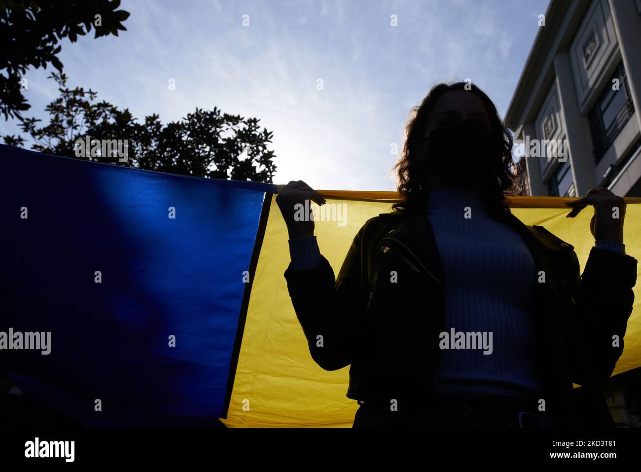 Una donna tiene una parte di una bandiera ucraina gigante durante la manifestazione. Migliaia di persone hanno marciato a Tolosa contro la guerra condotta dal presidente russo Vladimir Putin contro l'Ucraina a meno di una settimana dall'inizio dell'offensiva. Gli ucraini erano numerosi perché Tolosa ha un'importante comunità di ucraini. Tolosa è gemellare con Kiev. La Francia ha chiuso il proprio spazio aereo agli aeromobili russi e la Russia sta gradualmente interrando il sistema bancario SWIFT. Putin ha affermato di aver messo le sue forze di difesa nucleari in alto allarme. Tolosa. Francia. Febbraio 27th 2021. (Foto di Alain Pitton/NurPhoto) Foto Stock