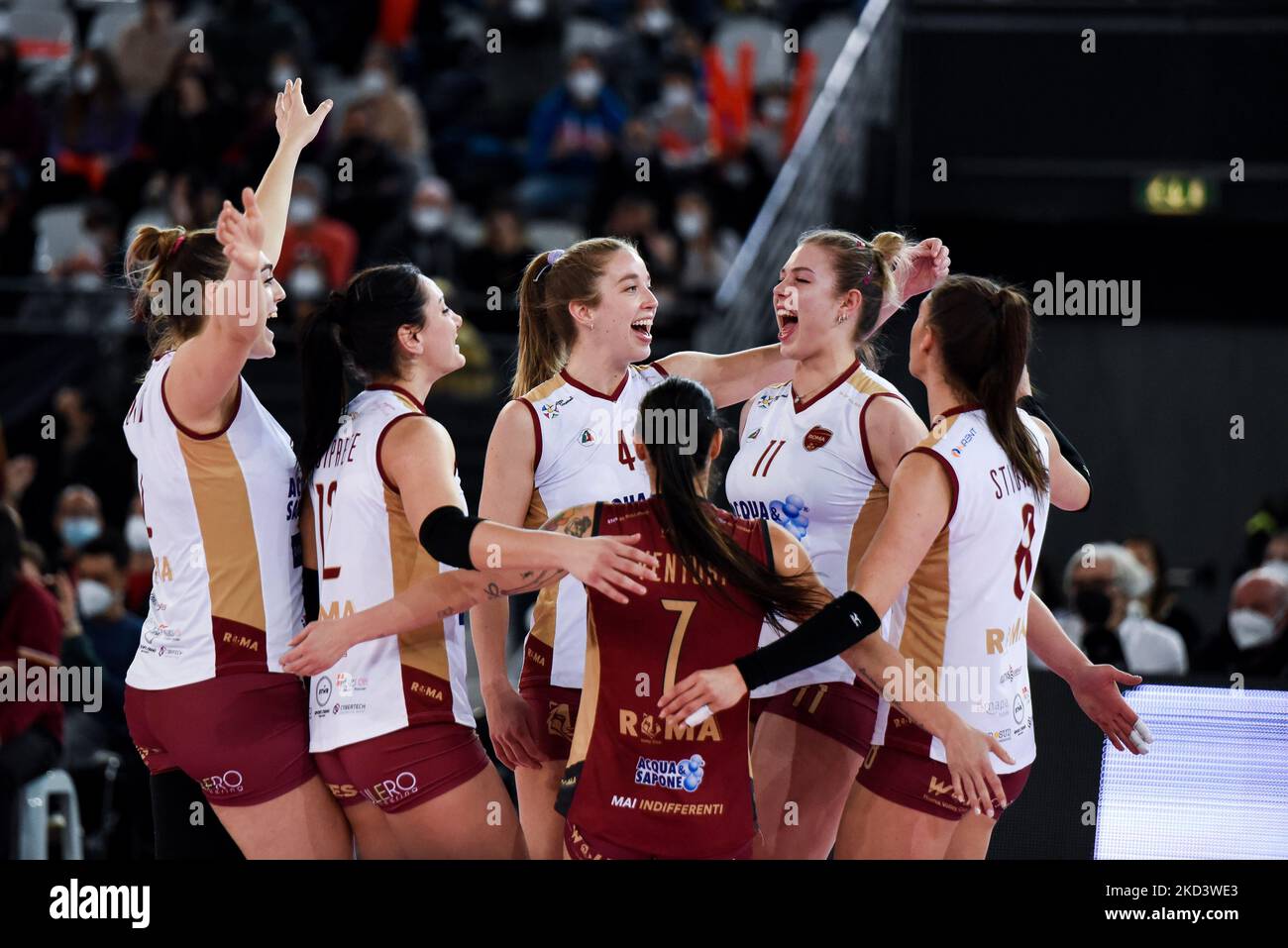 Exultation (acqua&Sapone Roma Volley) durante il Volley Serie Italiana A1 Women Match acqua&Sapone Roma Volley Club vs Igor Gorgonzola Novara il 27 febbraio 2022 alla pala EUR di Roma (Photo by Bianca Simonetti/LiveMedia/NurPhoto) Foto Stock