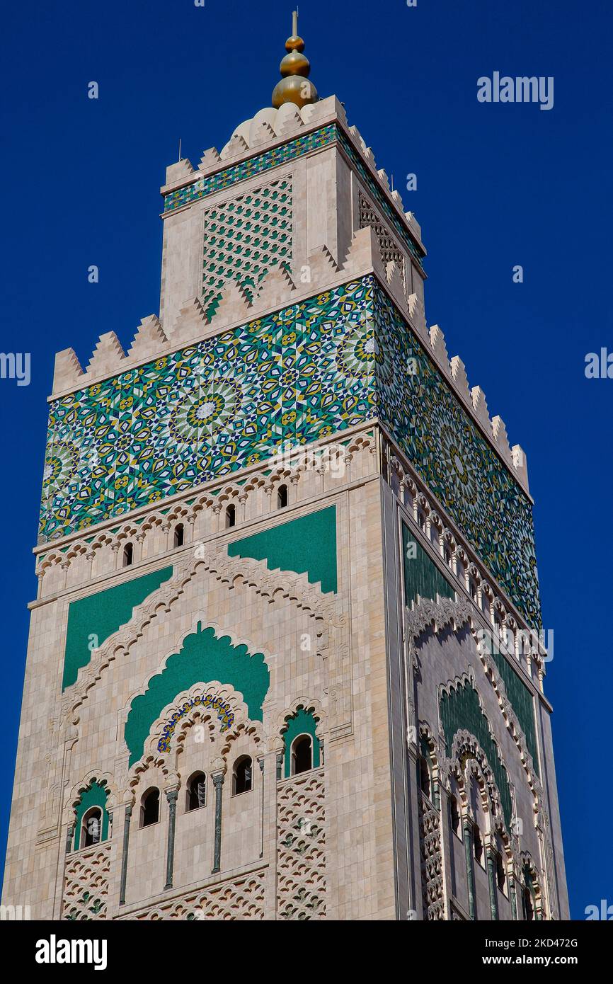 Minareto della Moschea di Hassan II nella città di Casablanca, Marocco, Africa. La Moschea di Hassan II è la più grande moschea del Marocco e la 7th più grande al mondo. Il suo minareto è il più alto al mondo, con i suoi 210 metri (689 piedi). (Foto di Creative Touch Imaging Ltd./NurPhoto) Foto Stock