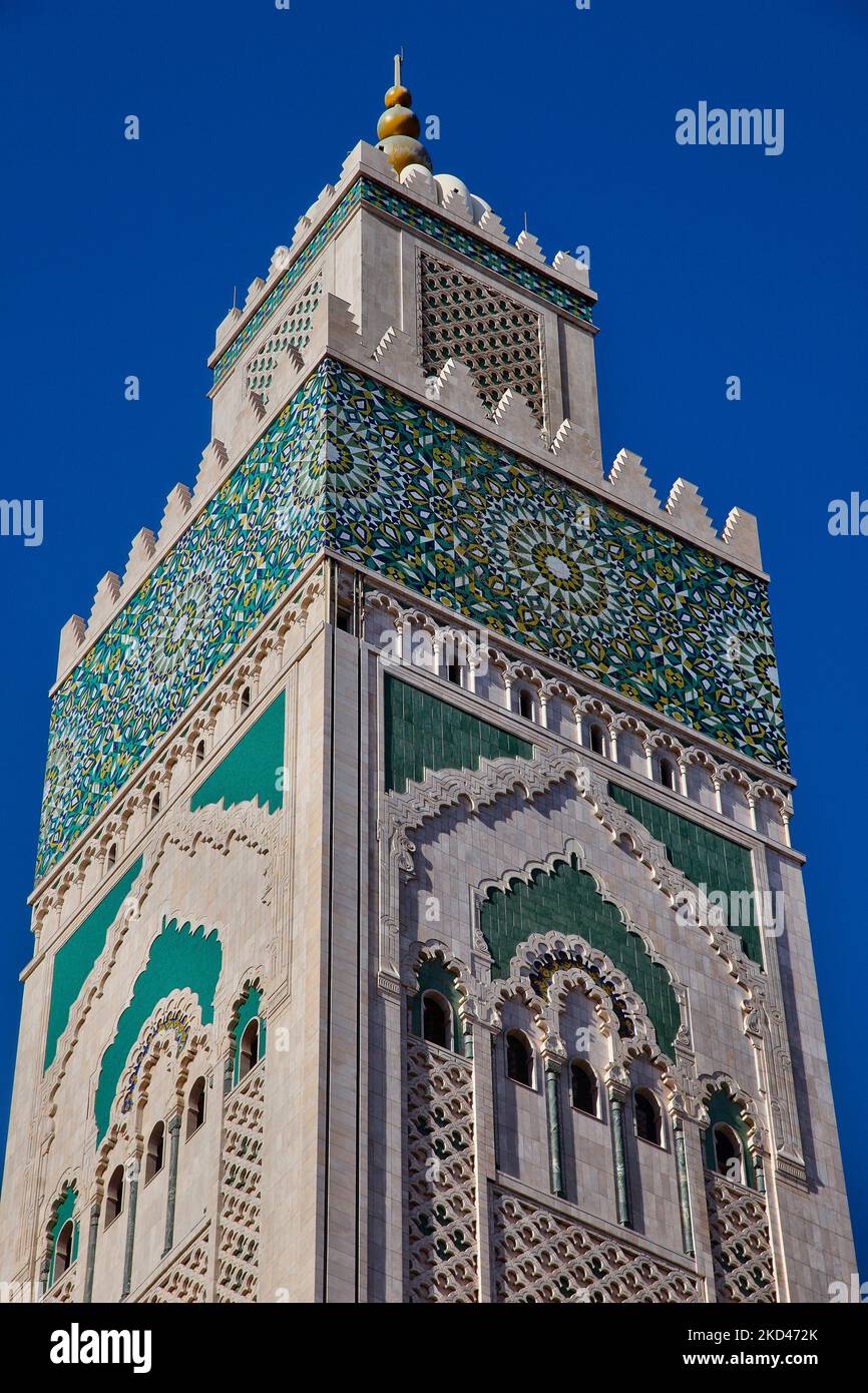 Minareto della Moschea di Hassan II nella città di Casablanca, Marocco, Africa. La Moschea di Hassan II è la più grande moschea del Marocco e la 7th più grande al mondo. Il suo minareto è il più alto al mondo, con i suoi 210 metri (689 piedi). (Foto di Creative Touch Imaging Ltd./NurPhoto) Foto Stock
