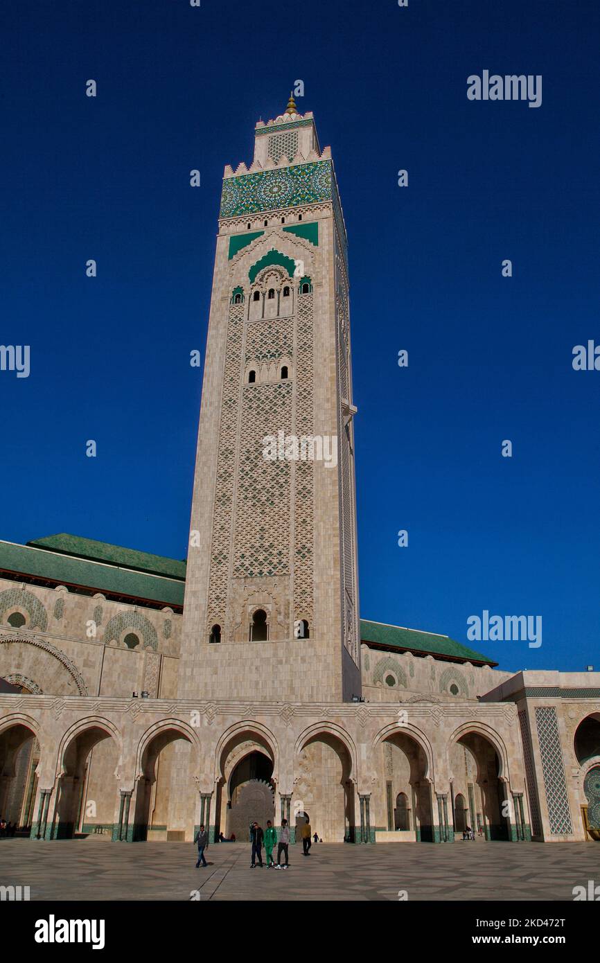 Moschea Hassan II nella città di Casablanca, Marocco, Africa. La Moschea di Hassan II è la più grande moschea del Marocco e la 7th più grande al mondo. Il suo minareto è il più alto al mondo, con i suoi 210 metri (689 piedi). (Foto di Creative Touch Imaging Ltd./NurPhoto) Foto Stock