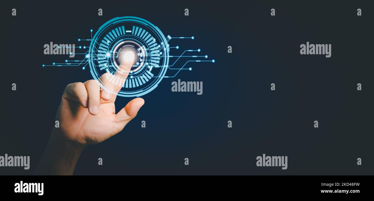 Controllo delle password tramite impronte digitali in un futuro tecnologico coinvolgente e l'approvazione biometrica delle impronte digitali da parte di un uomo d'affari e cibernetico. Foto Stock