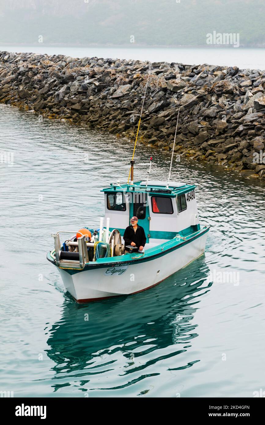 La barca da pesca commerciale ritorna al porto; Whittier; Alaska; USA. Foto Stock