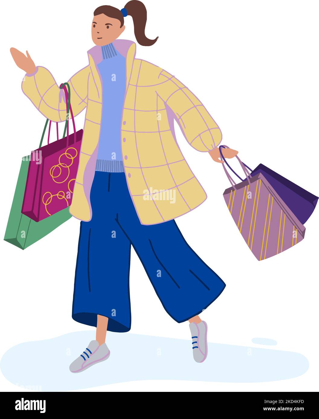 Felice giovane donna che cammina e trasporta le borse di shopping con i regali di Natale. Ragazza con regali di Capodanno per le vacanze invernali. Illustrazione del vettore piatto Illustrazione Vettoriale