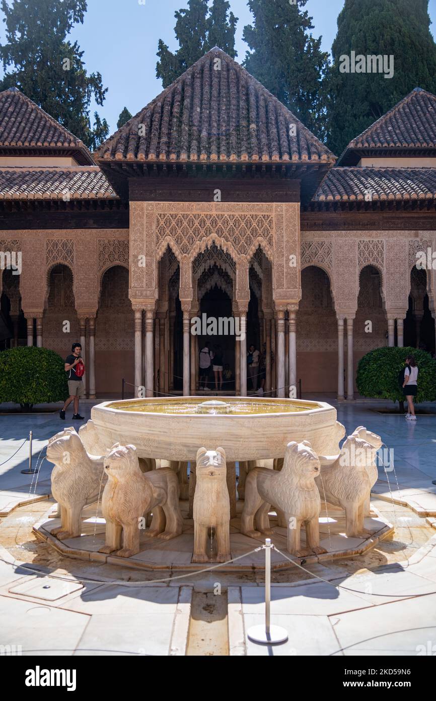 La fontana del Palazzo dei Leoni all'Alhambra di Granada, Spagna Foto Stock