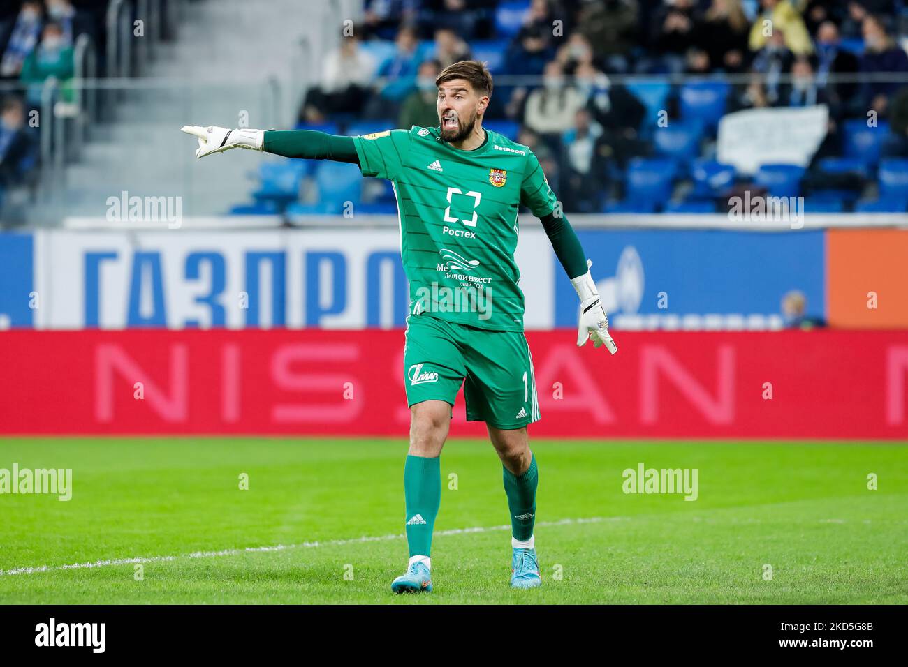 Anton Kochenkov dell'Arsenal Tula gesta durante la partita della Premier League russa tra il FC Zenit San Pietroburgo e il FC Arsenal Tula il 19 marzo 2022 alla Gazprom Arena di San Pietroburgo, Russia. (Foto di Mike Kireev/NurPhoto) Foto Stock