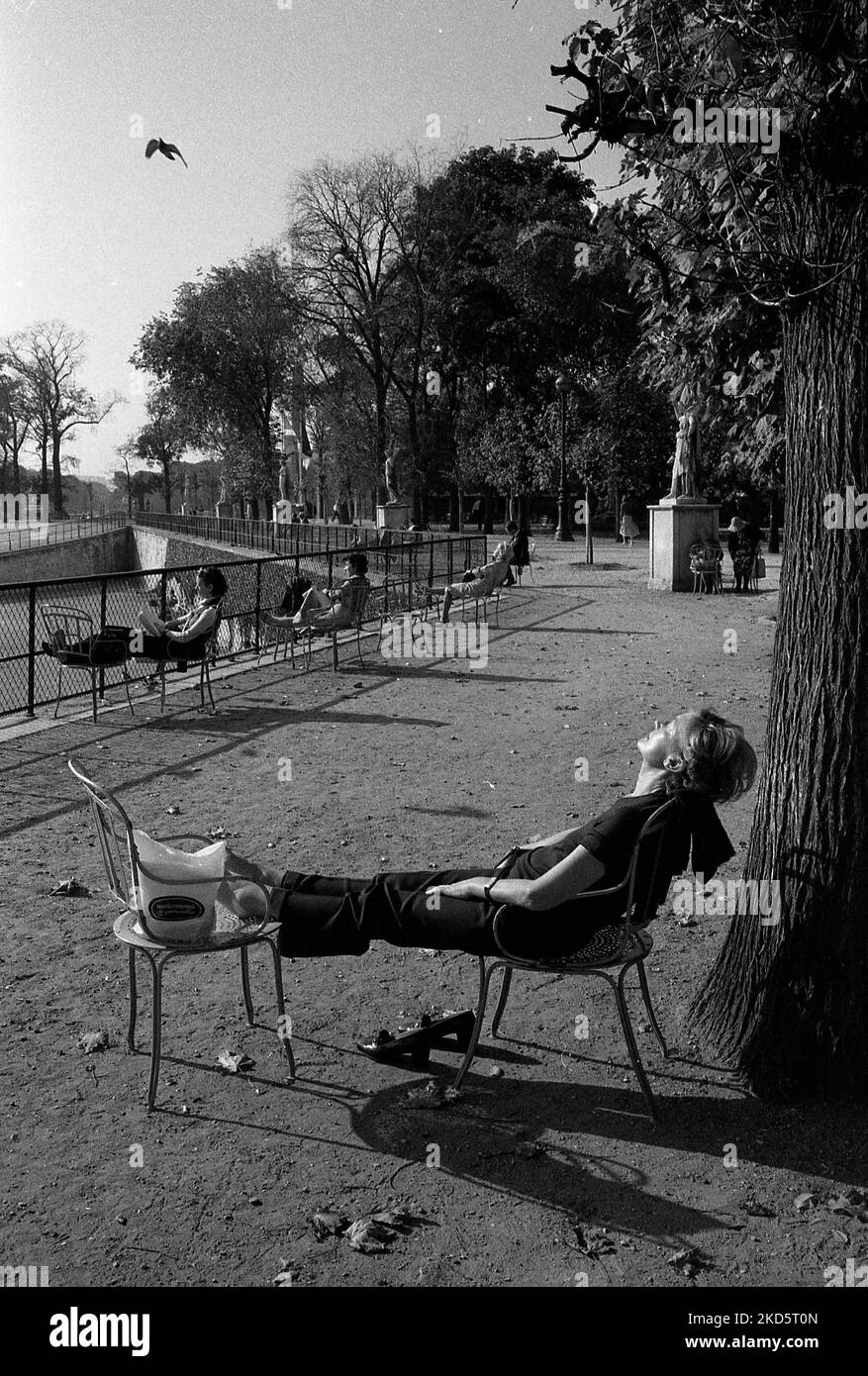 Donna che riposa in un parco pubblico, Parigi, Francia Foto Stock