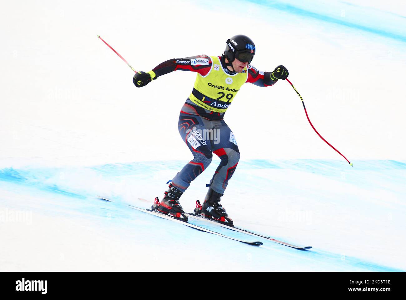 Lo sciatore norvegese Henrik Roea, in gara nelle finali europee della Coppa FIS Downhill, il 21 marzo 2022 a Soldeu, Andorra. (Foto di Joan Cros/NurPhoto) Foto Stock