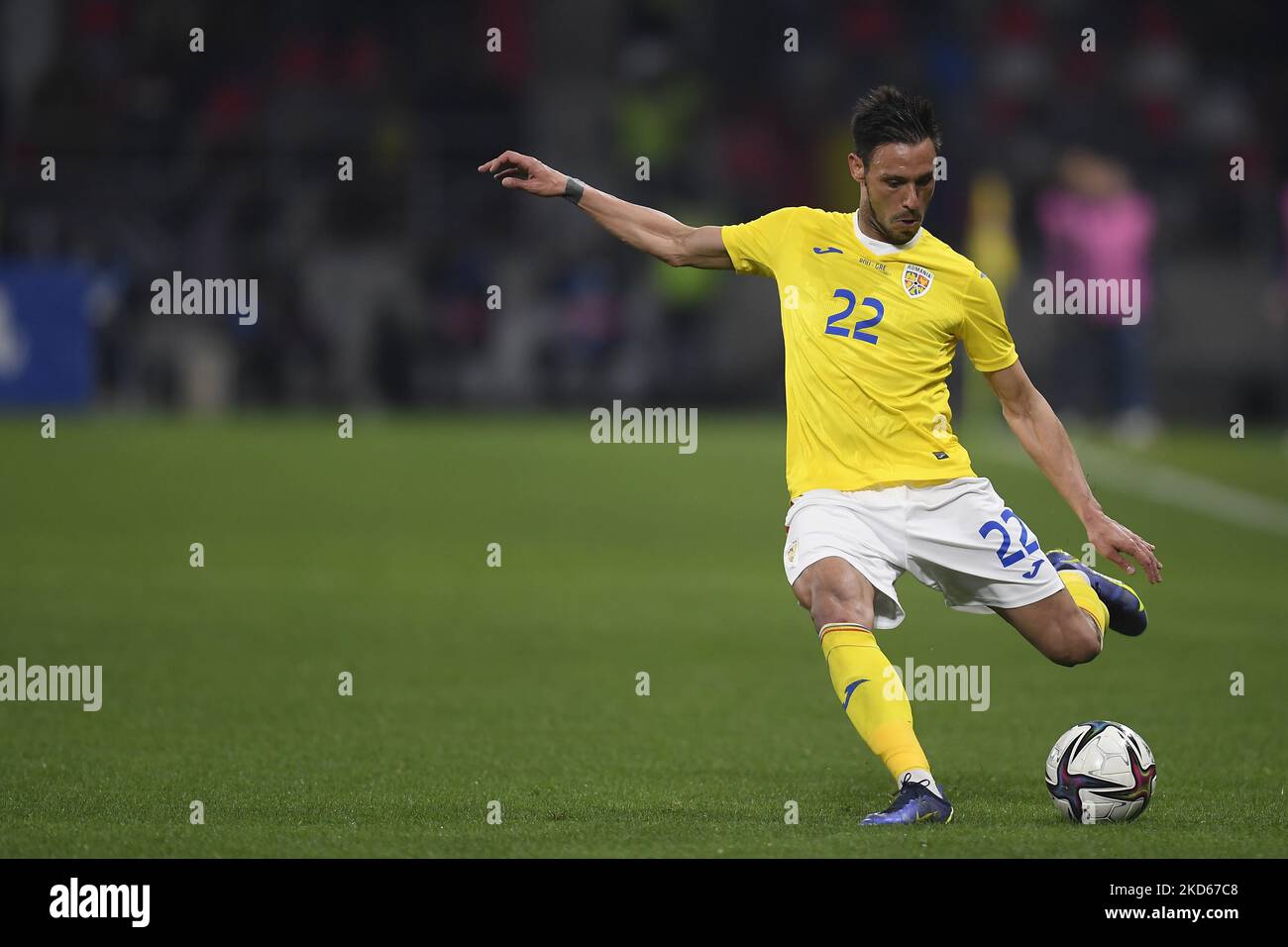 Camora in azione durante la partita internazionale amichevole tra la Romania e la Grecia a Stadionul Steaua il 25 marzo 2022 a Bucarest, Romania. (Foto di Alex Nicodim/NurPhoto) Foto Stock