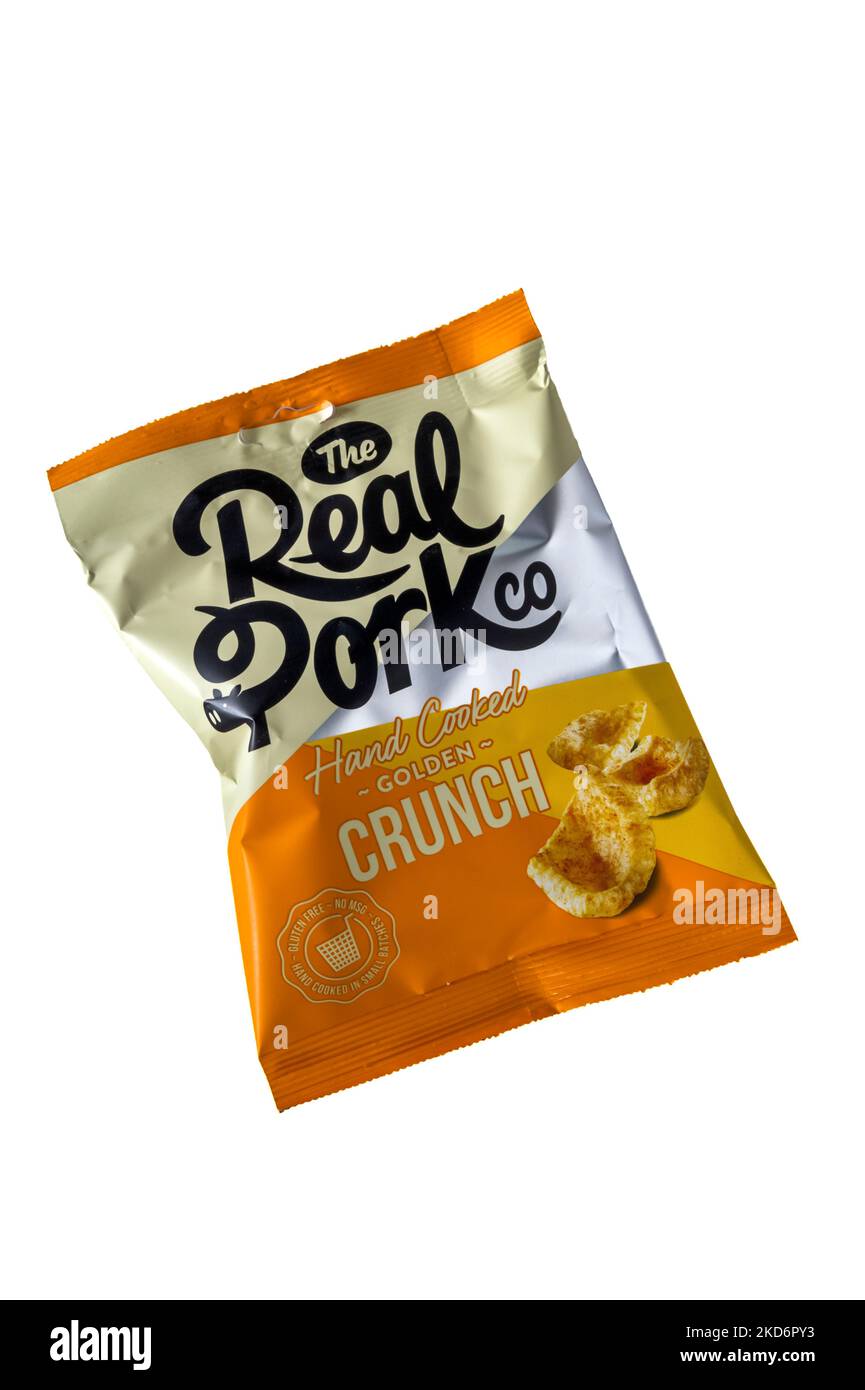 Un pacchetto del Real pork Co cotto a mano Golden Crunch. Foto Stock