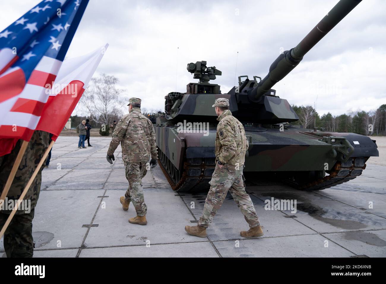 American Abrams Tanks presentato durante la cerimonia di firma del contratto per l'acquisto di 250 carri armati Abrams per l'Esercito Polacco nella Brigata Armorata di Varsavia 1st a Wesola vicino Varsavia, Polonia il 5 aprile 2022 (Foto di Mateusz Wlodarczyk/NurPhoto) Foto Stock