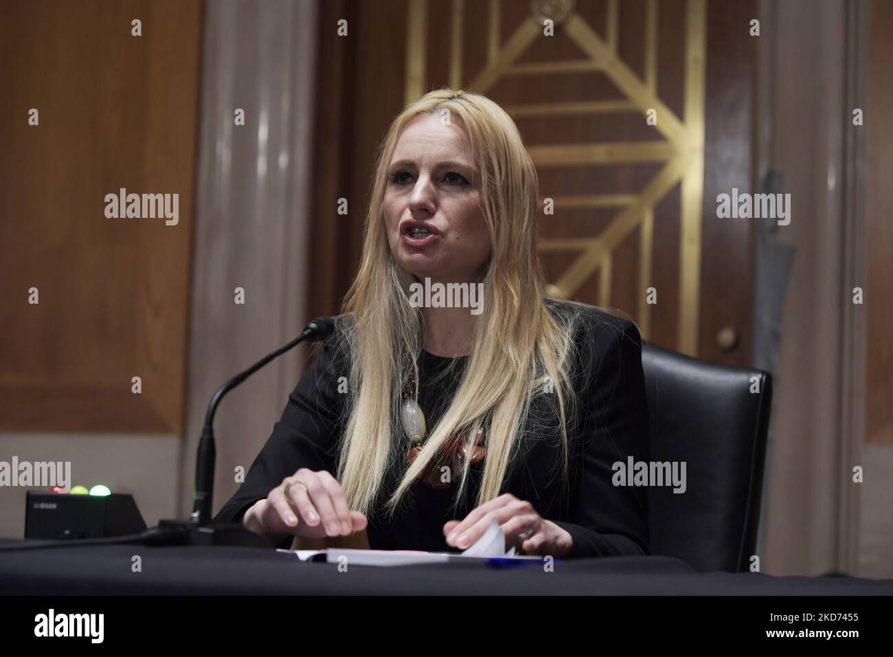 Ufficio per la lotta al traffico OSCE dell'istituzione democratica e dei diritti umani, la consigliera Tatiana Kotlyarenko testimonia davanti alla Commissione sicurezza e cooperazione in Europa sulla protezione dei rifugiati ucraini dal traffico di esseri umani durante un'audizione, oggi il 07 aprile 2022, al Senato Dirksen/Capitol Hill a Washington DC, USA. (Foto di Lenin Nolly/NurPhoto) Foto Stock