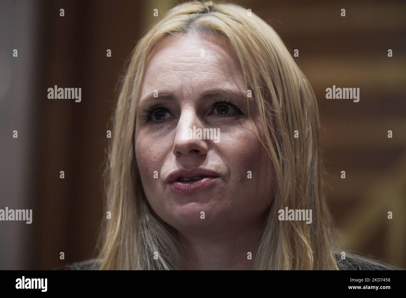 Ufficio per la lotta al traffico OSCE dell'istituzione democratica e dei diritti umani, la consigliera Tatiana Kotlyarenko testimonia davanti alla Commissione sicurezza e cooperazione in Europa sulla protezione dei rifugiati ucraini dal traffico di esseri umani durante un'audizione, oggi il 07 aprile 2022, al Senato Dirksen/Capitol Hill a Washington DC, USA. (Foto di Lenin Nolly/NurPhoto) Foto Stock