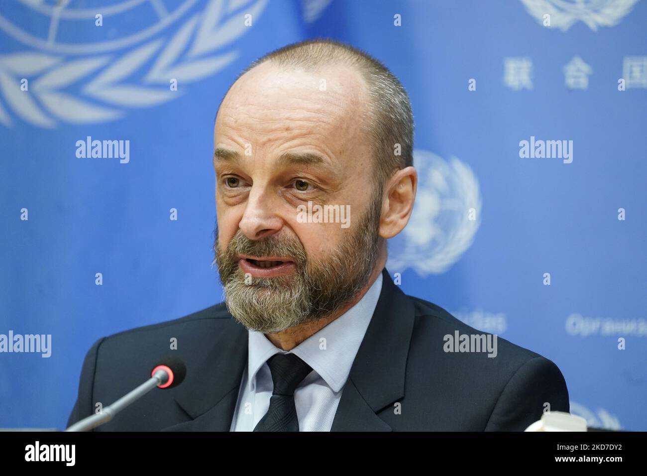 Manuel Fontaine, direttore dei programmi di emergenza presso l'UNICEF aggiorna i media sull'impatto della guerra sui bambini presso la sede delle Nazioni Unite, il 11,2022 aprile, a New York City, USA. Recentemente rientrato da diverse città ucraine, il direttore Fontaine ha discusso l'impatto del conflitto sui bambini, affermando che alla data degli oltre sette milioni di bambini prima della guerra, più di due milioni sono emigrati. (Foto di John Lamparski/NurPhoto) Foto Stock