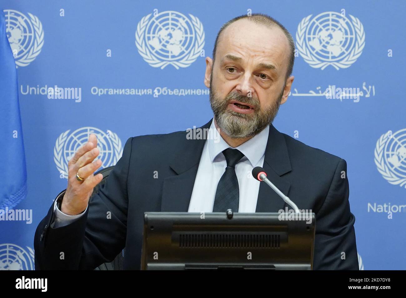 Manuel Fontaine, direttore dei programmi di emergenza presso l'UNICEF aggiorna i media sull'impatto della guerra sui bambini presso la sede delle Nazioni Unite, il 11,2022 aprile, a New York City, USA. Recentemente rientrato da diverse città ucraine, il direttore Fontaine ha discusso l'impatto del conflitto sui bambini, affermando che alla data degli oltre sette milioni di bambini prima della guerra, più di due milioni sono emigrati. (Foto di John Lamparski/NurPhoto) Foto Stock